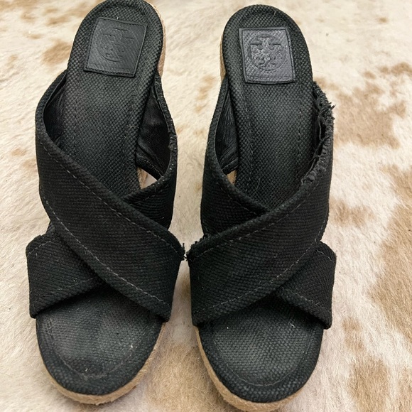 Tory Burch Kristen Black Canvas Espadrille Wedges - Picture 4 of 9